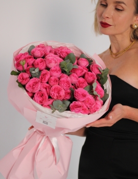 Duo bouquet with peony type fuchsia spray rose and eucalyptus